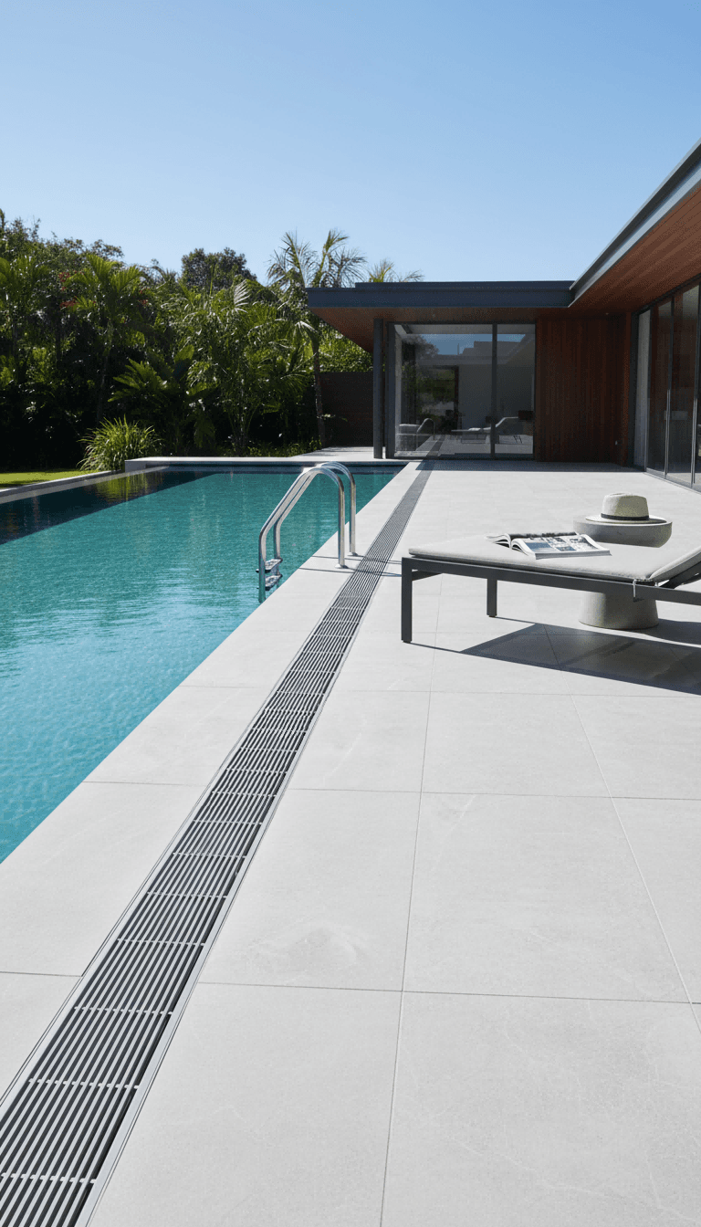 Outdoor linear drainage system for poolside applications, engineered for exterior architectural projects and OEM fabrication