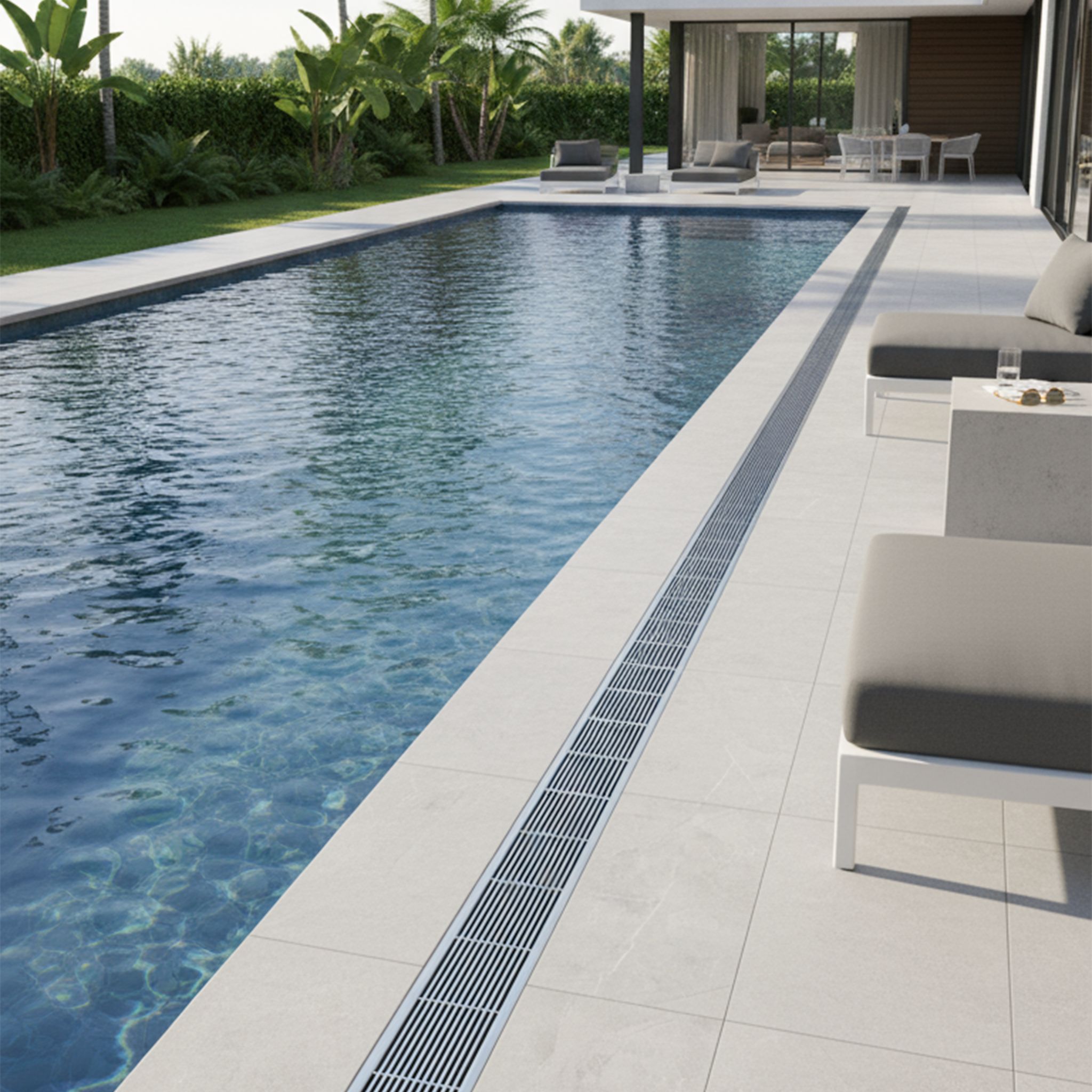Stainless steel linear drain installed along the edge of an outdoor swimming pool on a tiled patio surface