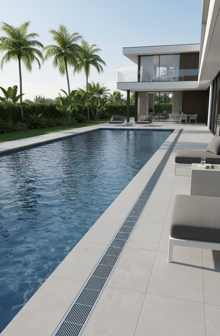 Architectural outdoor linear drain system for exterior projects requiring durability and long-length customization