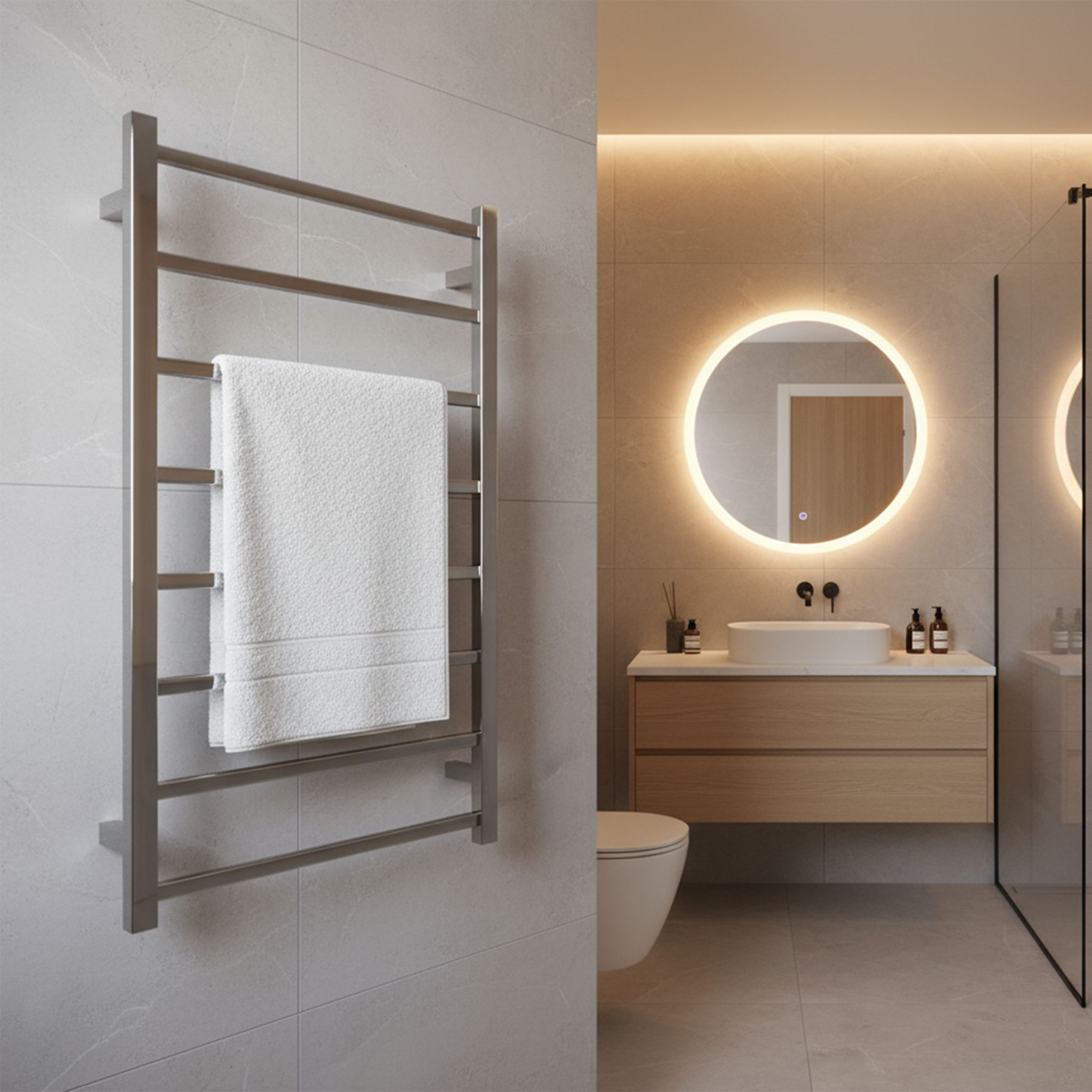 Wall-mounted stainless steel heated towel rail with square tube bars holding a white towel in a modern bathroom interior